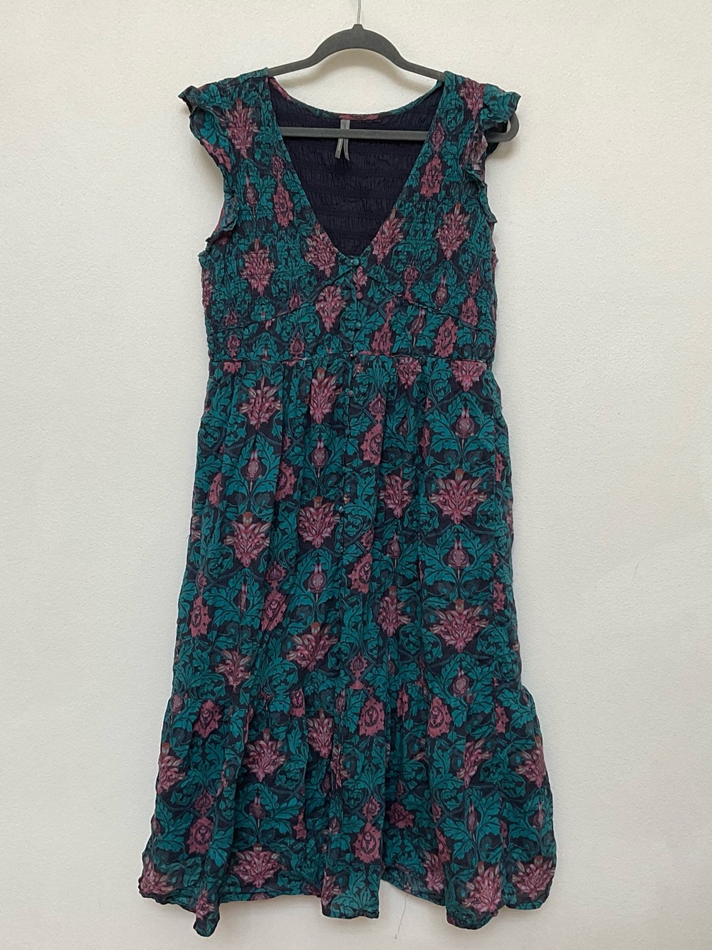 Anthropologie The Peregrine Midi Dress Pink,  Green Button Front Ruffle Dress XL